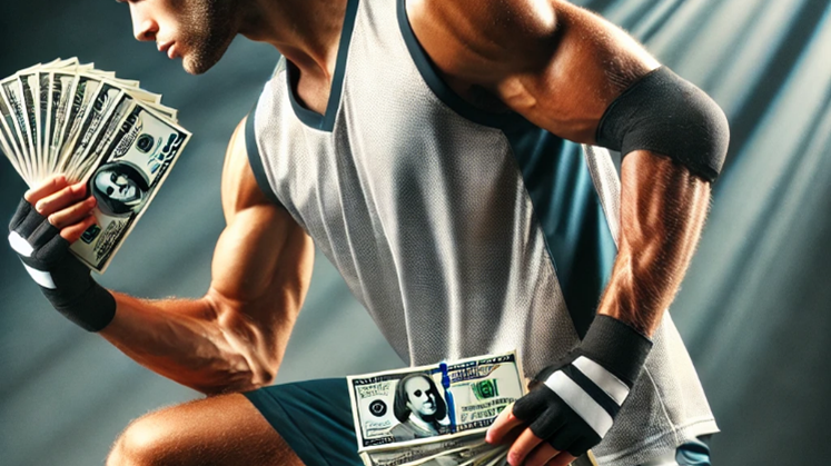 athlete with fistfuls of cash