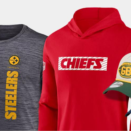 Rally House NCAA fan gear NFL football Pittsburg Steelers tee Kansas City Chiefs hoodie Green Bay Packers hat Houston Texans hat