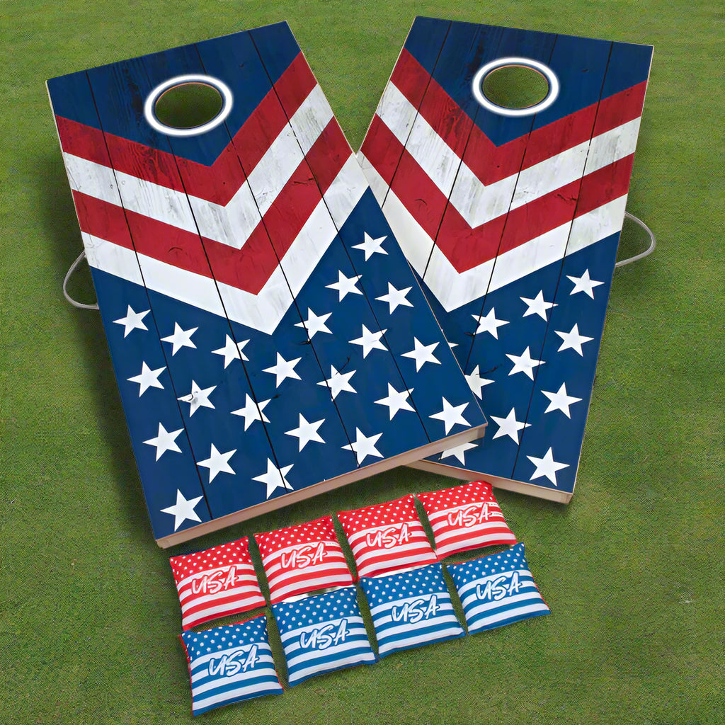 Patriotic LED 2x4 All-Wood Cornhole Set Triumphred white blue