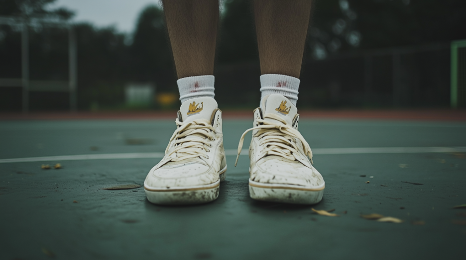 The lower legs and shoes of a player on an outdoor basketball court