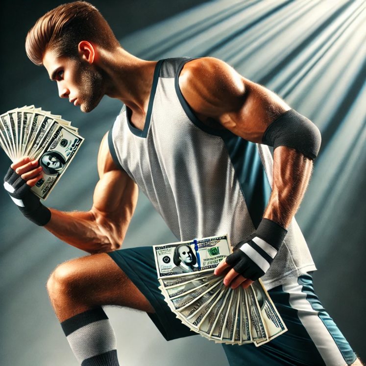 athlete with fistfuls of cash