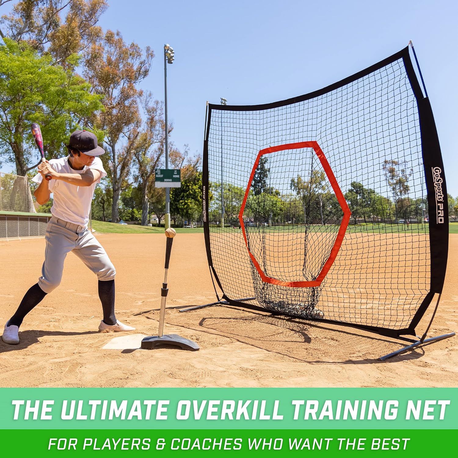 Batter hitting into GoSports 7 ft x 7 ft Baseball & Softball Practice Hitting & Pitching Net