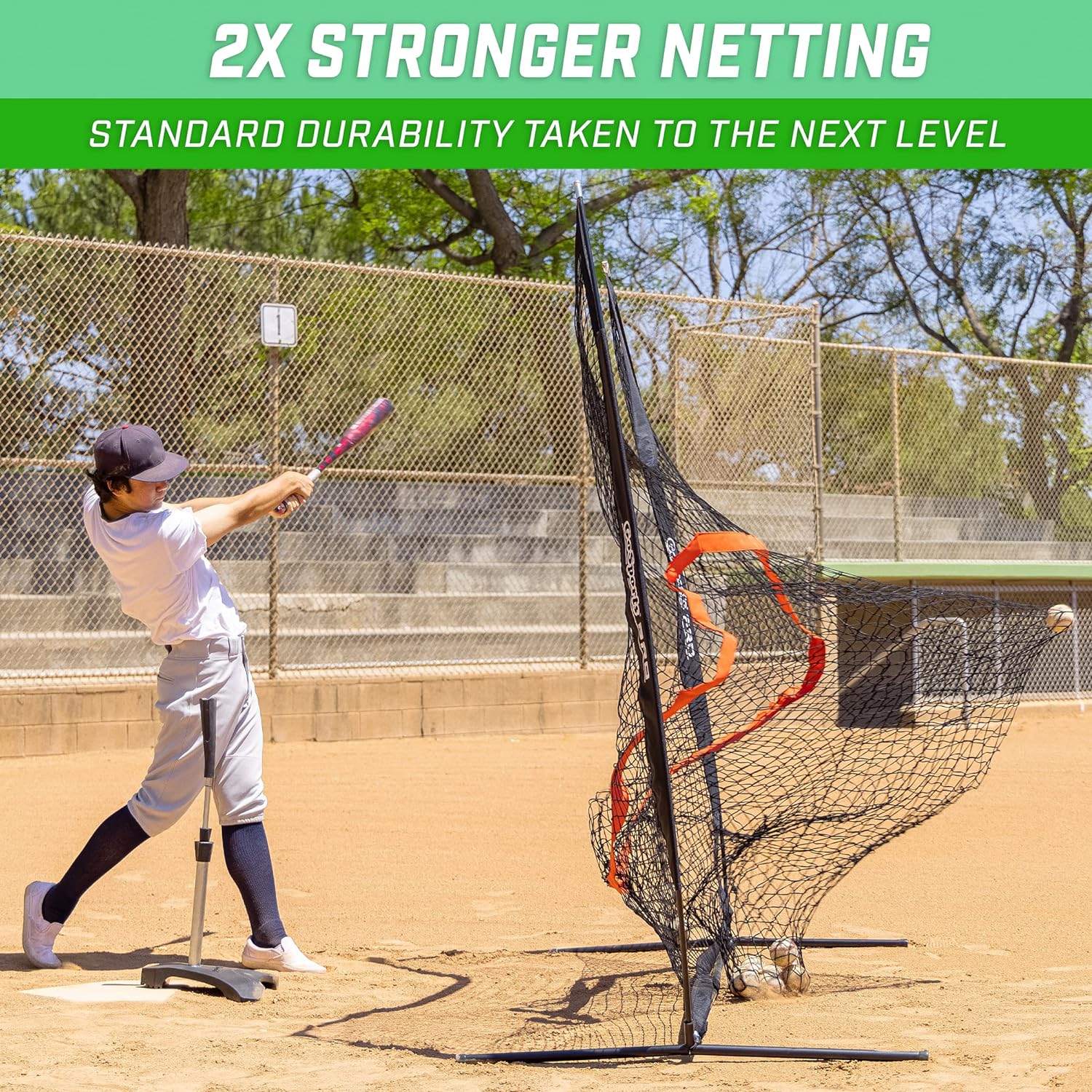 Batter hitting into GoSports 7 ft x 7 ft Baseball & Softball Practice Hitting & Pitching Net