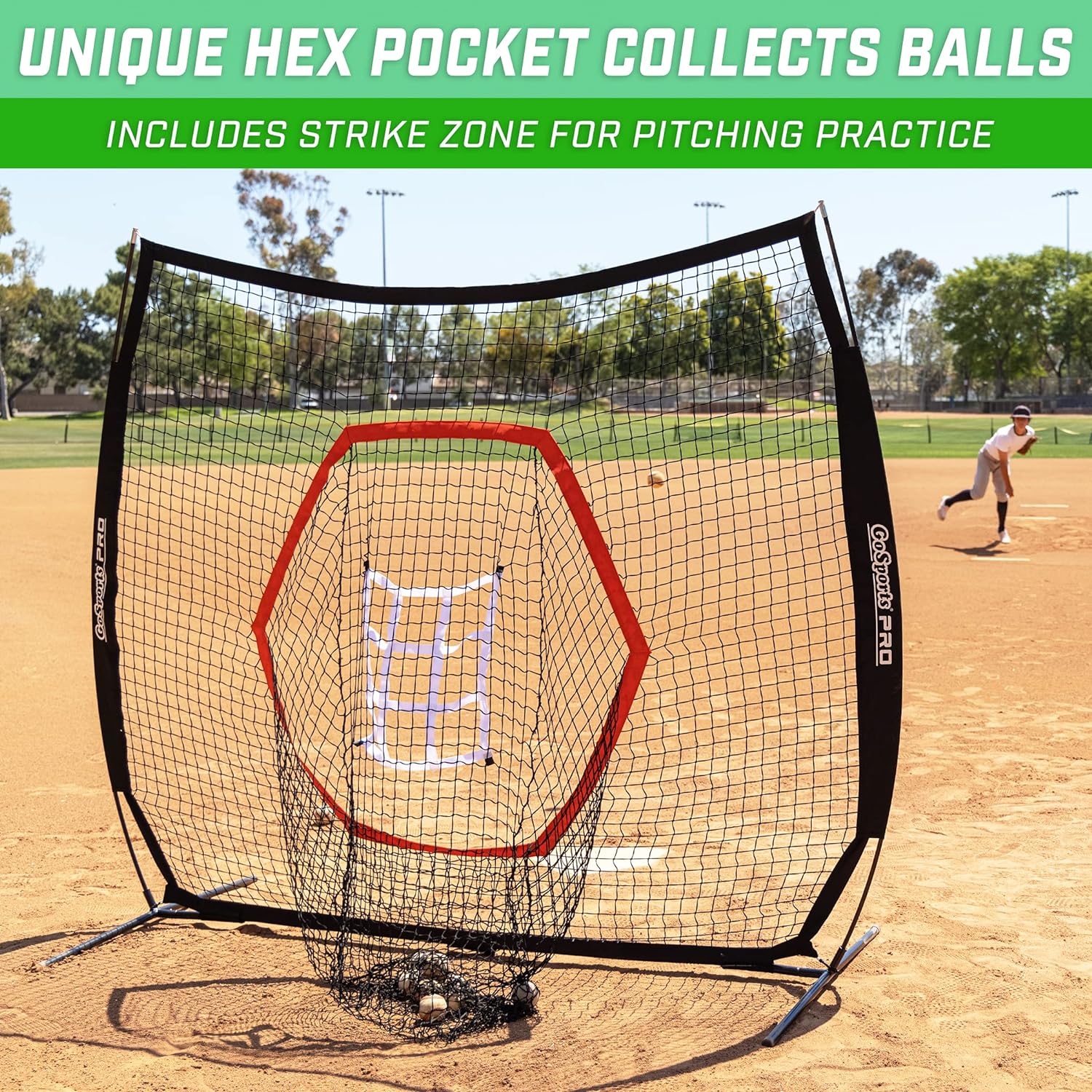 Pitcher throwing into GoSports 7 ft x 7 ft Baseball & Softball Practice Hitting & Pitching Net