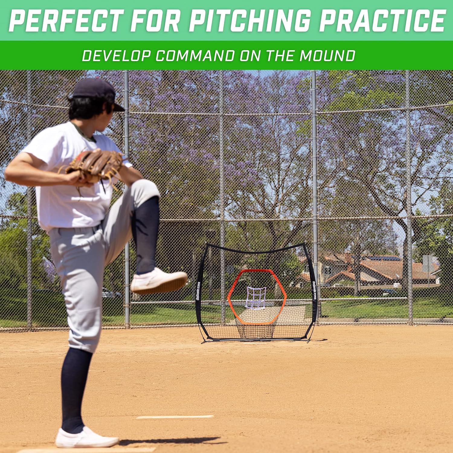 Pitcher throwing into GoSports 7 ft x 7 ft Baseball & Softball Practice Hitting & Pitching Net