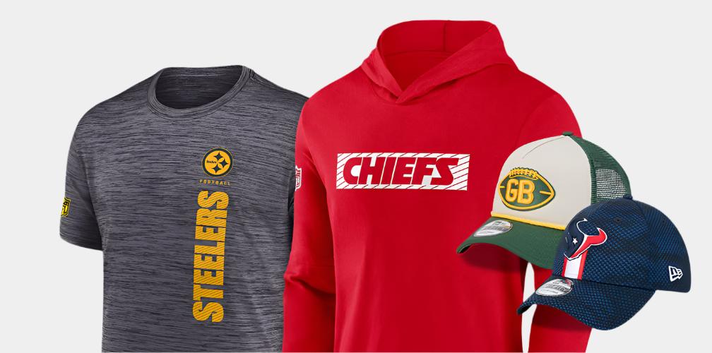 Rally House NCAA fan gear NFL football Pittsburg Steelers tee Kansas City Chiefs hoodie Green Bay Packers hat Houston Texans hat