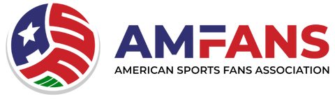 The logo of the American Sports Fans Association.  AMFANS is spelled out after a custom ball showing blue A, red S, red F and a small patch of green sports field