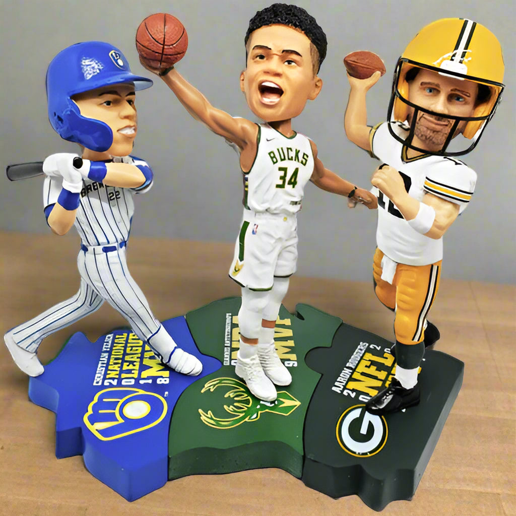 Bobbles Galore Wisconsin MVPs Triple Bobblehead Puzzle Set - Giannis Antetokounmpo (Milwaukee Bucks) Christian Yelich (Milwaukee Brewers) and Aaron Rodgers (Green Bay Packers)