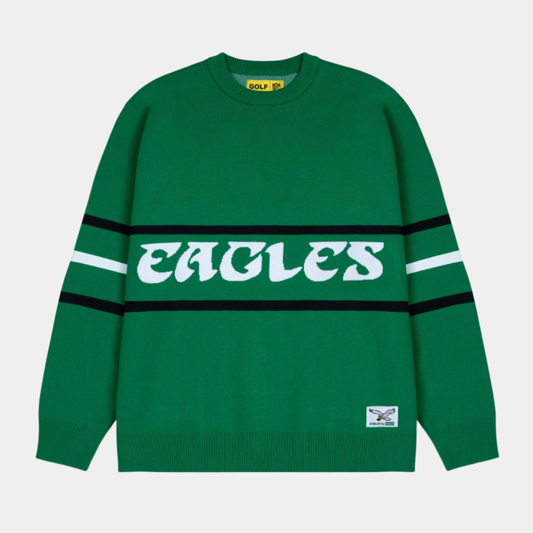 COTTON NYLON BLEND PULLOVER SWEATER WITH 2 X 2 RIBBING AT COLLAR, CUFFS AND SWEEP. FULL JACQUARD ARTWORK WITH CONTRASTING STRIPES AND TEAM JACQUARD WOVEN LABEL AT WEARER'S FRONT LEFT SWEEP Philadelphia Eagles green