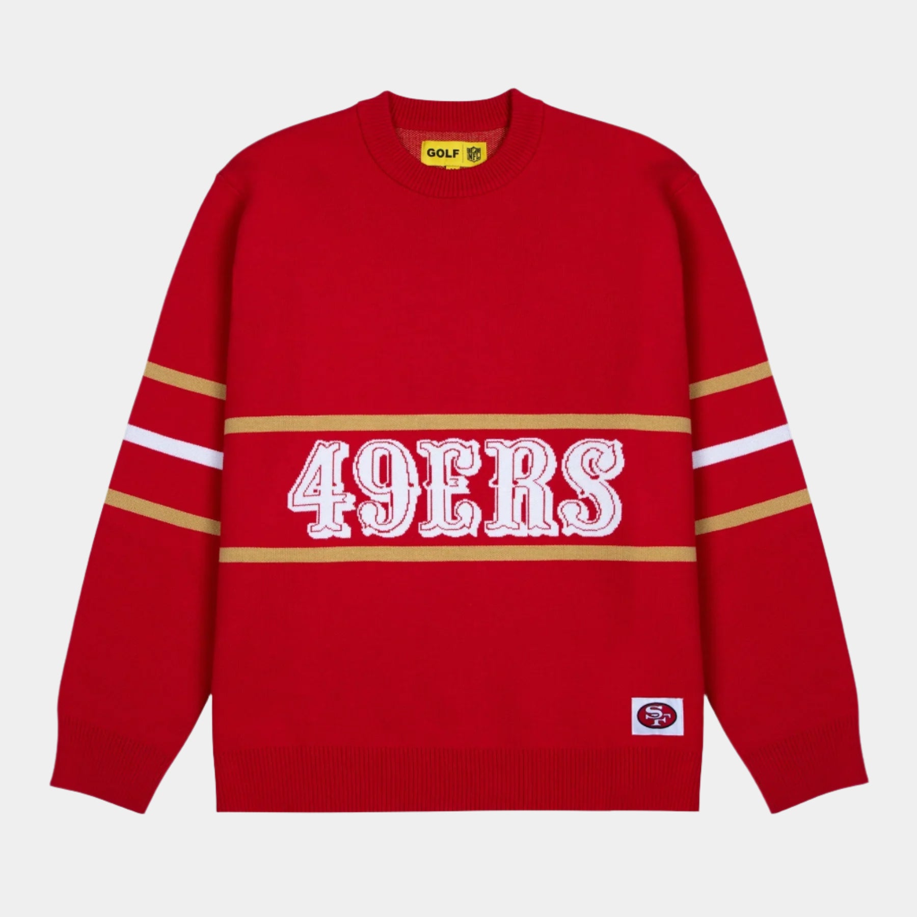 COTTON NYLON BLEND PULLOVER SWEATER WITH 2 X 2 RIBBING AT COLLAR, CUFFS AND SWEEP. FULL JACQUARD ARTWORK WITH CONTRASTING STRIPES AND TEAM JACQUARD WOVEN LABEL AT WEARER'S FRONT LEFT SWEEP San Francisco 49ers gold red