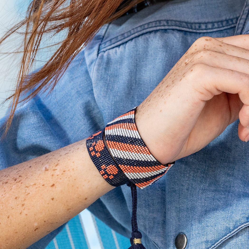 Ink+Alloy Kenzie Game Day diagonal stripes beaded stretch bracelet navy orange