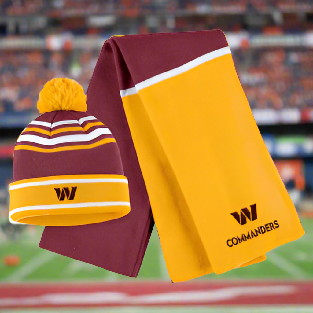 Washington Commanders WEAR by Erin Andrews Women's Colorblock Cuffed Knit Hat with Pom and Scarf Set - Burgundy and gold