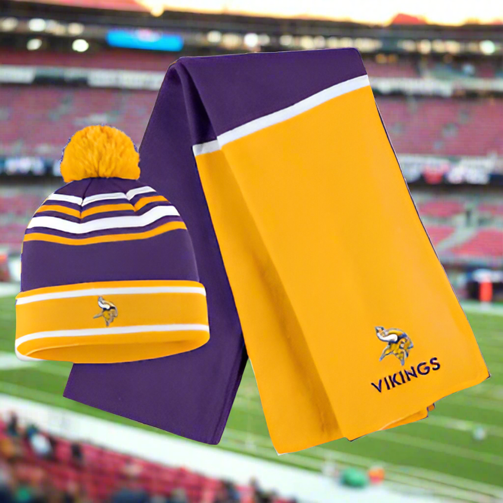 Minnesota Vikings WEAR by Erin Andrews Women's Colorblock Cuffed Knit Hat with Pom and Scarf Set - purple and gold