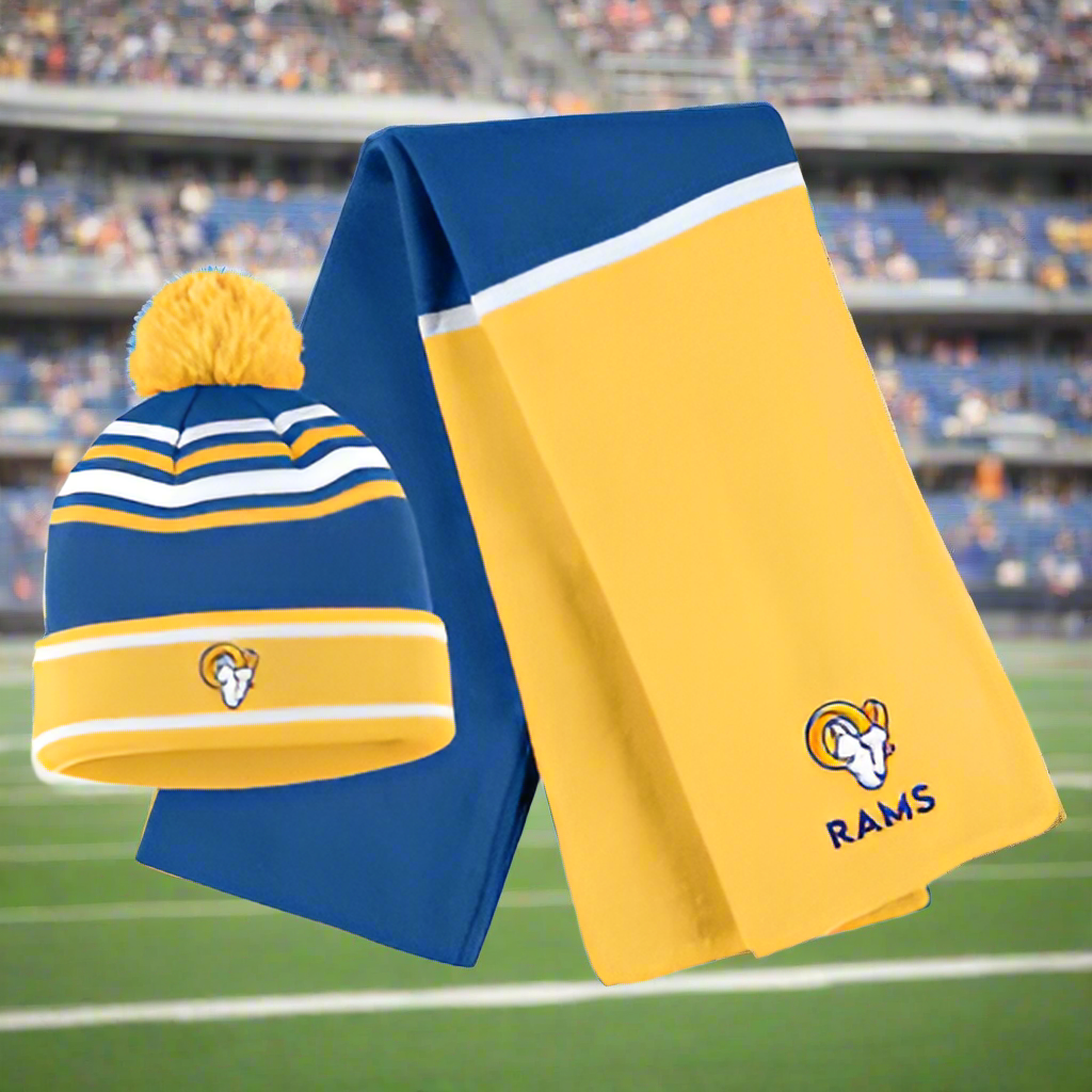 Los Angeles Rams WEAR by Erin Andrews Women's Colorblock Cuffed Knit Hat with Pom and Scarf Set - blue and yellow