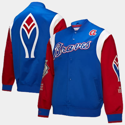 Men's Atlanta Braves Mitchell & Ness Royal/Red Cooperstown Collection Team Origins Satin Full-Snap Jacket