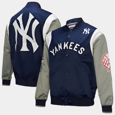 Men's New York Yankees Mitchell & Ness Navy/Gray Cooperstown Collection Team Origins Satin Full-Snap Jacket