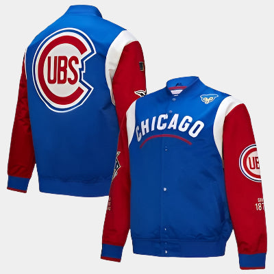 Men's Chicago Cubs Mitchell & Ness Royal/Red Cooperstown Collection Team Origins Satin Full-Snap Jacket