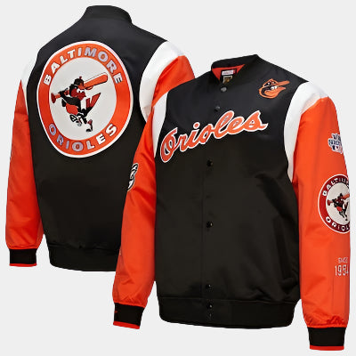 Men's Baltimore Orioles Mitchell & Ness Black/Orange Cooperstown Collection Team Origins Satin Full-Snap Jacket