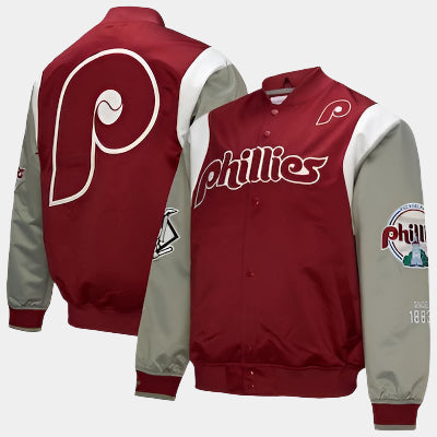 Men's Philadelphia Phillies Mitchell & Ness Burgundy/Gray Cooperstown Collection Team Origins Satin Full-Snap Jacket