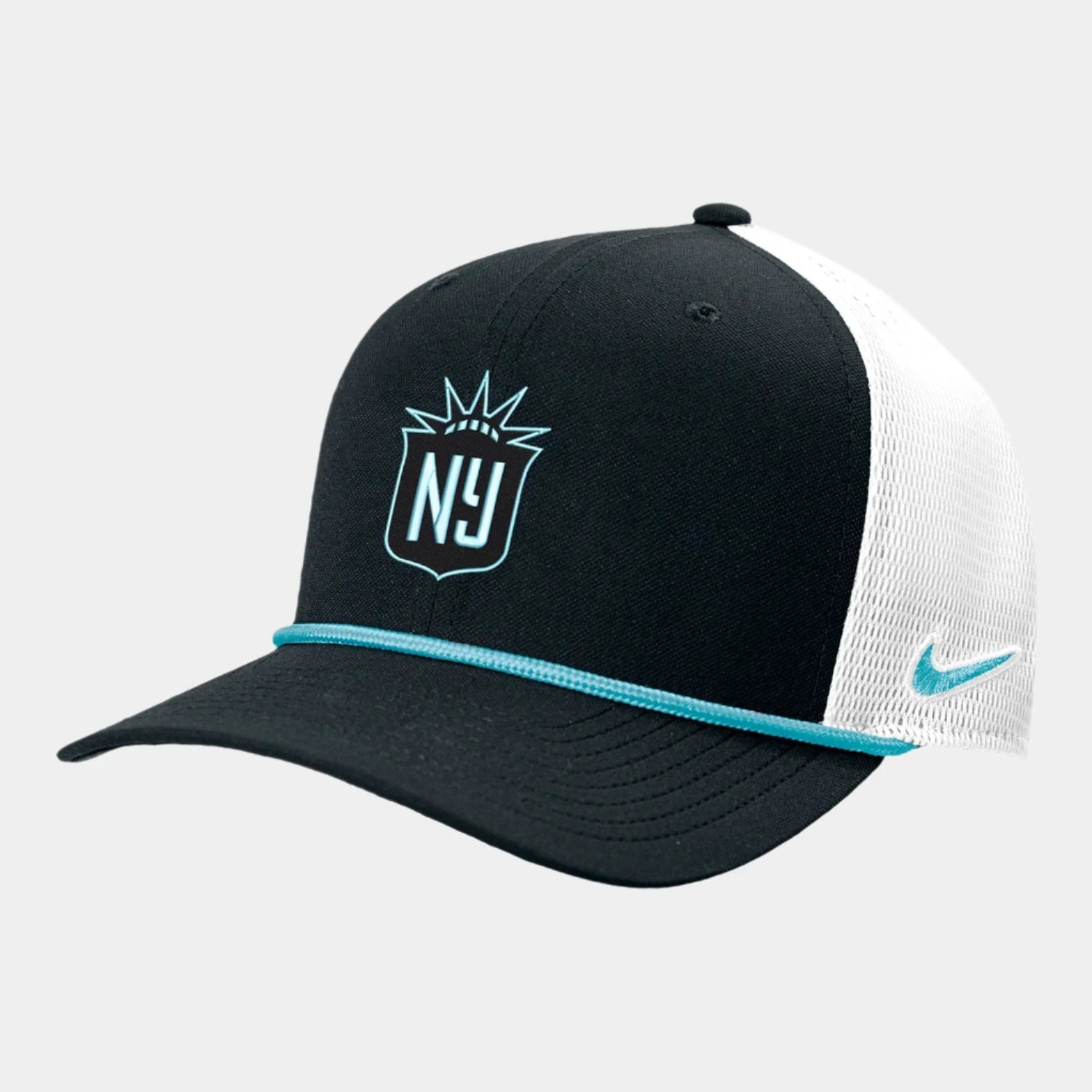 NWSL Shop Adult Nike Gotham FC Striped trucker hat black teal