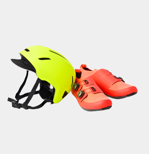 Sierra biking gear yellow helmet and red shoes